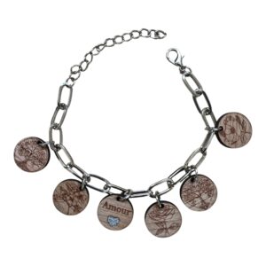 Bracelet argenté breloques bois & acier