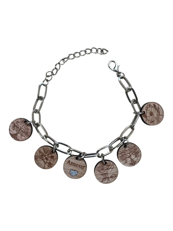 Bracelet argenté breloques bois & acier